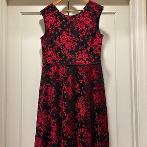 Tahari Red and Black Velvet Floral Burnout Dress